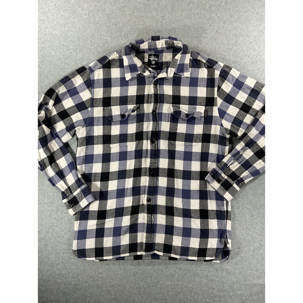 Stussy Mens XL Blue Black White Buffalo Plaid Flannel Button Up Streetwear 1066